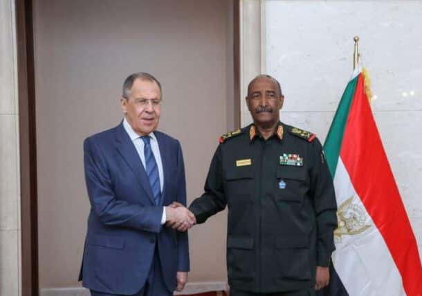 Al-Burhan shakes hands with Russian FM Sergey Lavrov on February 9, 2023