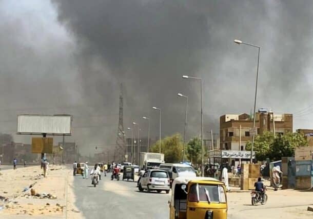 smoke in the sky after attacks in Suba southern Khartoum on April 15, 2023