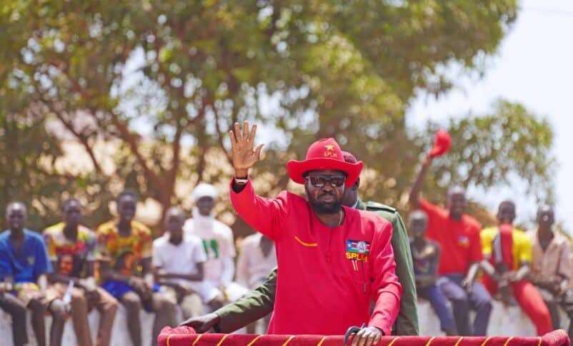 President Salva Kiir greeting the crowd in Wau on July 4, 2023