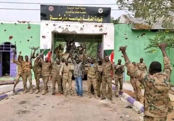 Sudanese troops outside the army command in Nyala on October 5, 2023
