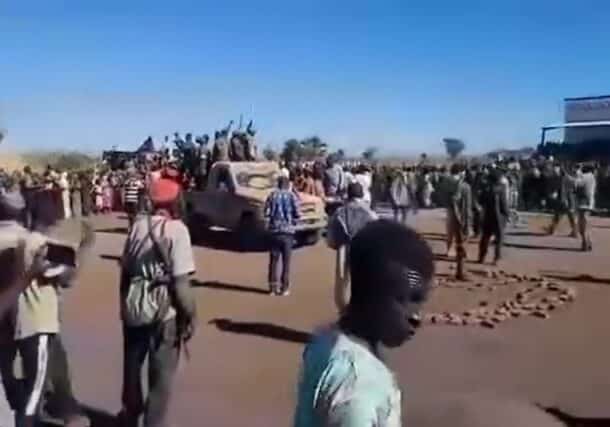 SPLA-N fighters celebrating their arrival in Dilling with Sudanese army troops on January 7, 2024