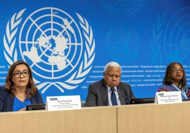 Mohamed Chande Othman (C) and members the Independent International Fact Finding for Sudan brief the media on September 6, 2024 (AP photo)