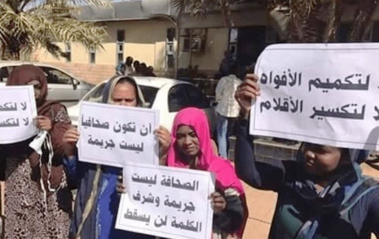 Sudanese female journalists hold banners for press freedom. (file photo)