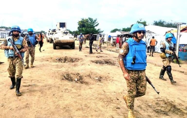 UNISFA peacekeepers patrol the Amiet market following an intercommunal fight, in Abyei, September 20, 2026.